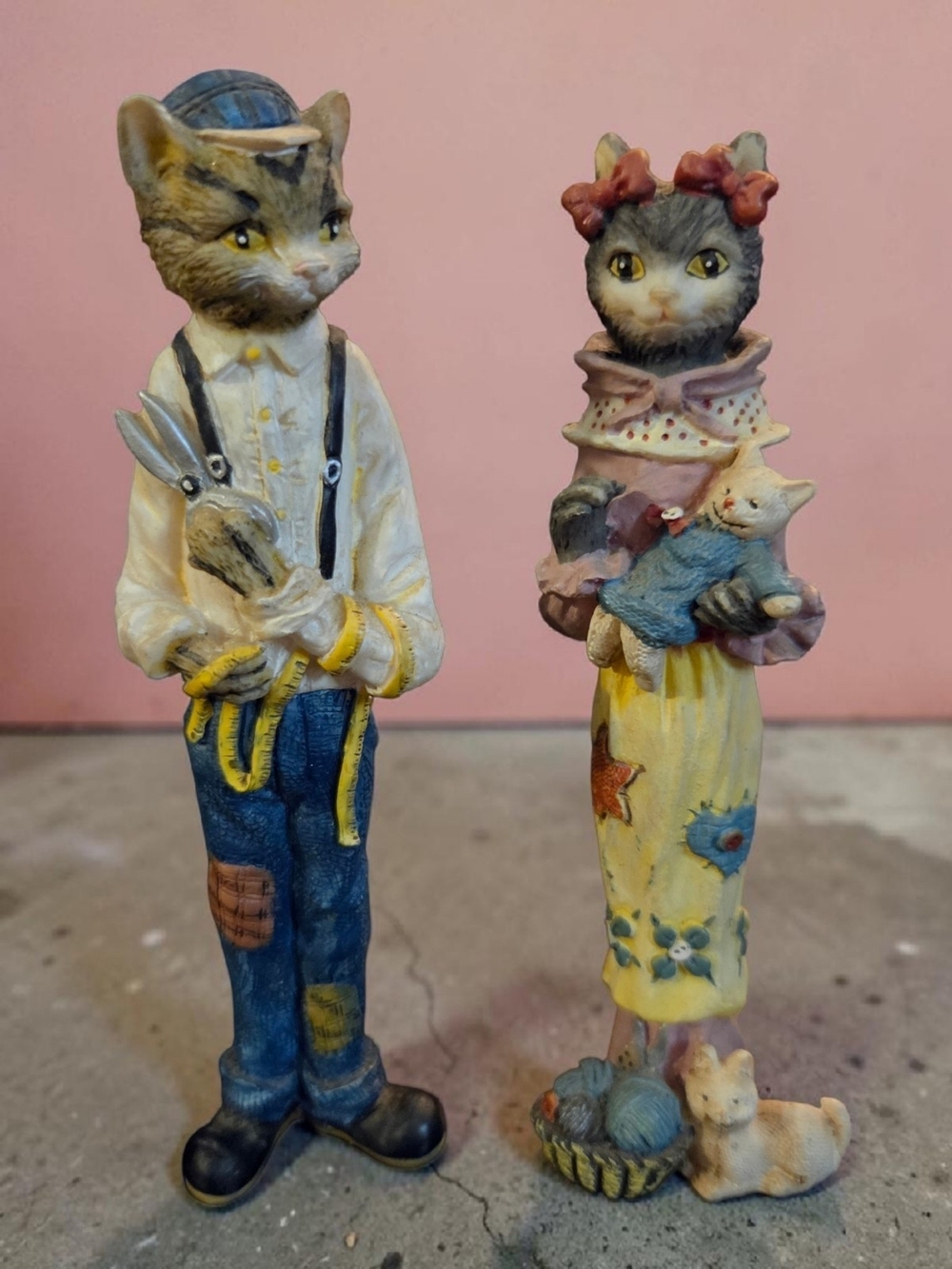 Whimsical Pair of Cat Figurines - Yellow & Blue Accents ♡